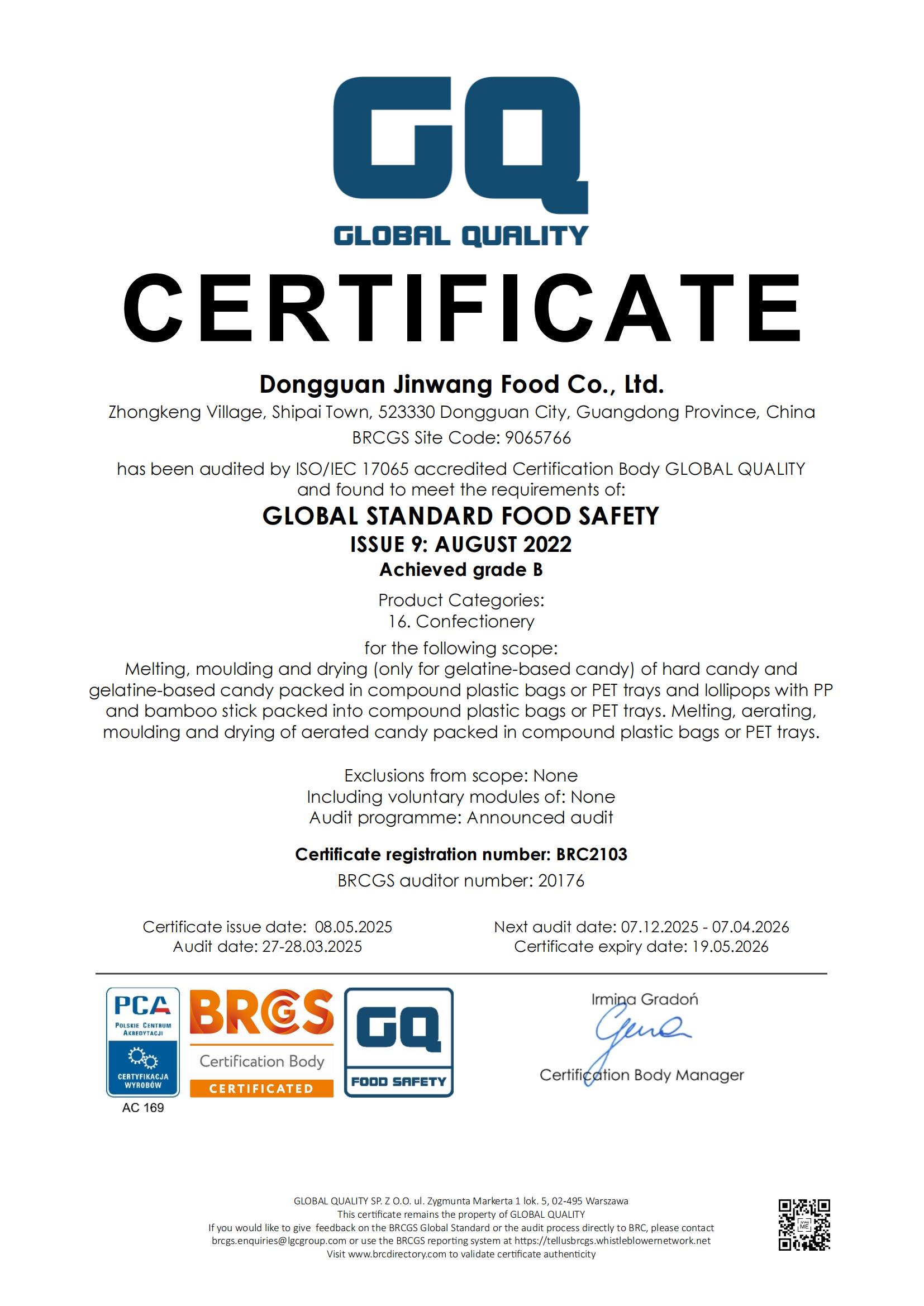 BRCGS food safety certificate
